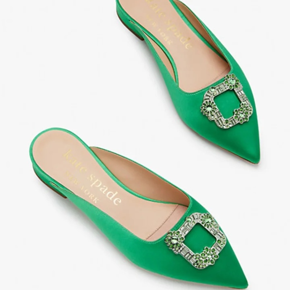 Kate Spade Kelly Green Satin Buckle Up Slide Flats *Minor Flaws*
